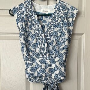 Anthropologie Blue Floral Vneck Blouse